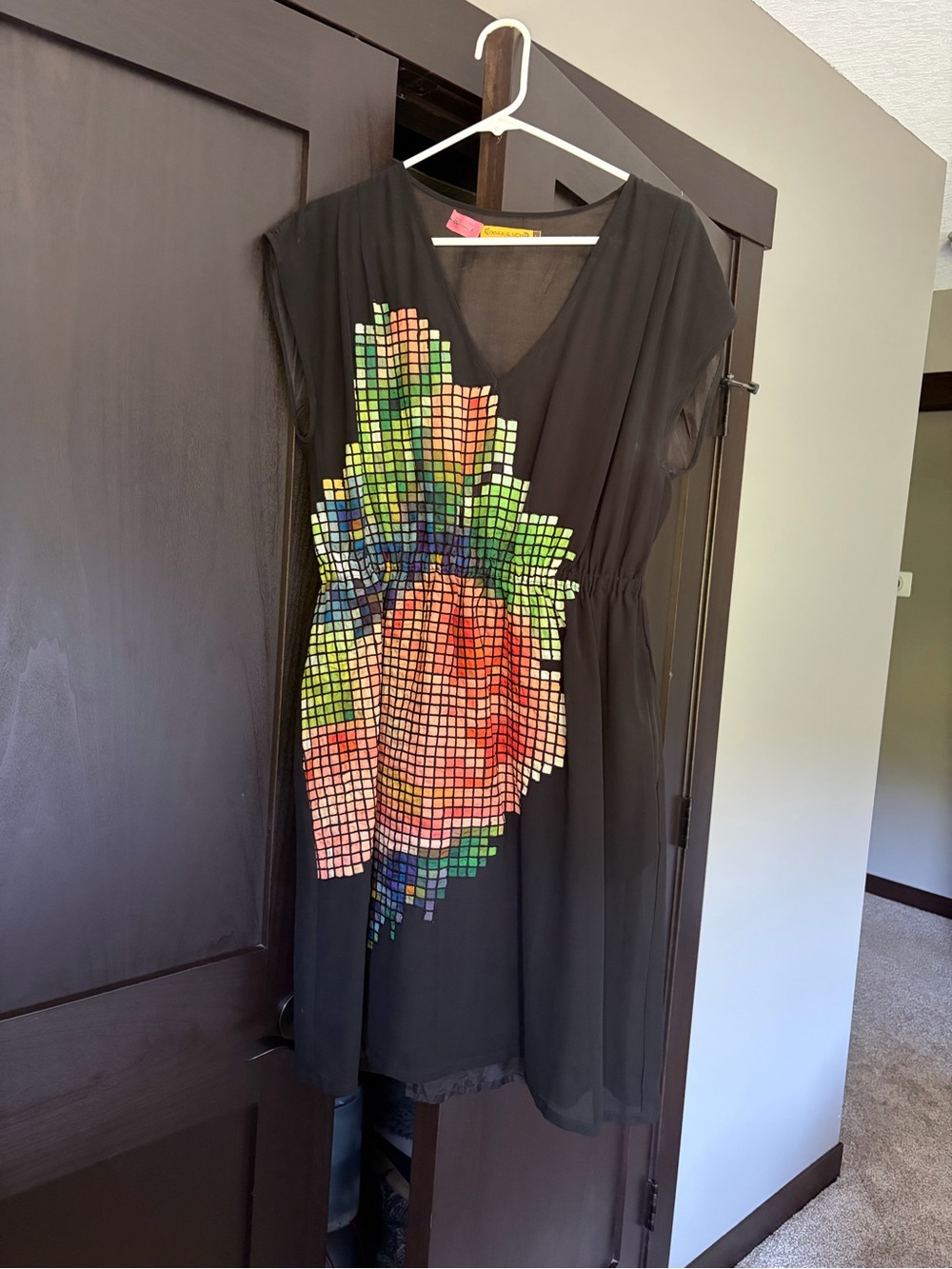 Black Midi Dress with Colorful Pixel Floral Print
